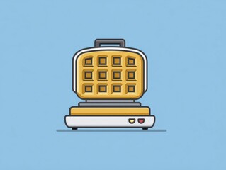 Simplified illustration of a waffle maker in an open position, presented with a minimalist flat design against a solid blue background