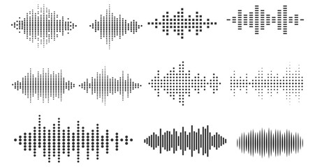 Podcast sound waves. Audio wave forms line, sound wave frequency or voice microphone signals. Music, podcast and broadcast and audio branding design.