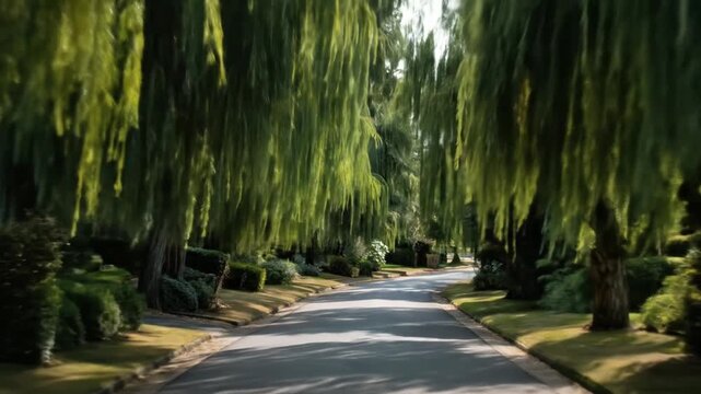 A tree-lined road with a canopy of green weeping branches, sunlight dapples the asphalt