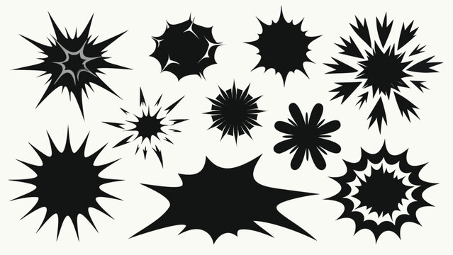 A series of comic book explosion shapes in black and white, illustrating energetic bursts and impactful visuals..eps