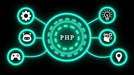 Abstract futuristic digital technology concept with PHP text, bright neon interface elements on black background and icons representing settings, concepts, gaming, robotics and location. - Powered by Adobe