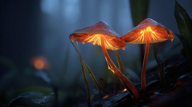 Luminescent fungi illuminated in a mysterious forest. Two mushroom-like forms glow softly amidst the moody surroundings.