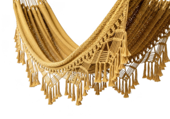 Closeup of a woven hammock with intricate macrame fringe, isolated on transparent background