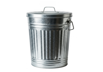 A vintage galvanized metal trash can with a lid, isolated on transparent background