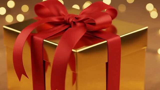 A Golden Gift Box Tied with a Red Ribbon Surrounded by Bokeh Lights for Celebration