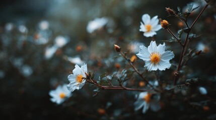 Delicate white cosmos flowers with warm yellow centers in soft lighting