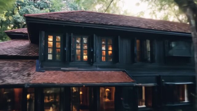 A dark, ornate house nestled amidst lush greenery and red steps. The windows glow from inside
