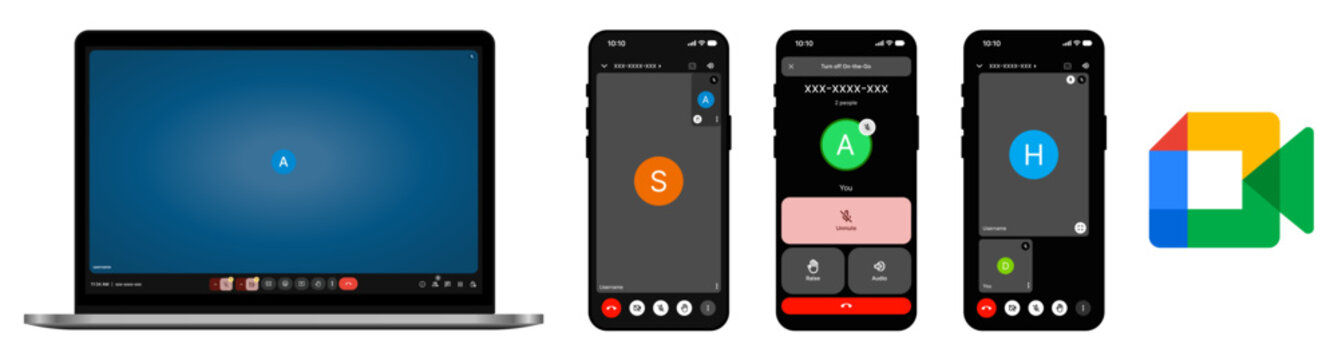 Google Meet Video Call Interface on iPhone and Desktop Screens, Google Meet App UI Mockup
Google Meet Online Meeting, Google Meet Video Conference Design for iPhone and Modern Devices