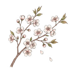 Cherry blossom branch with delicate pink flowers and leaves  