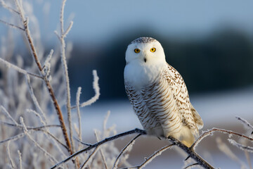 Fototapeta premium A majestic snowy owl sits quietly on a frosty branch, embodying grace and tranquility while highlighting the serene beauty of winter's natural wildlife landscape.