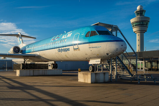Amsterdam, The Netherlands, 13.12.2025, Old Fokker 100 Airplane at Panorama Terrace located at Schiphol Airport
