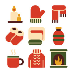 Cozy winter warmth icon illustration set featuring candle mittens scarf socks fireplace drink festive holiday flat vector elements