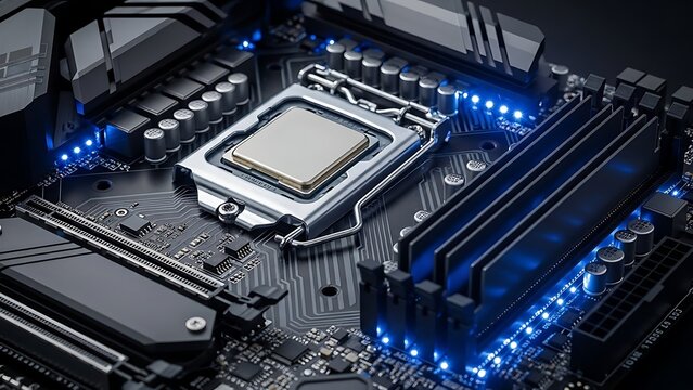 Closeup of illuminated computer motherboard with CPU