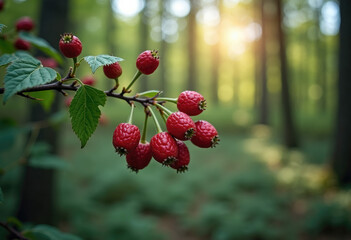 Forest in the background,free space for text on the side, berry in close-up