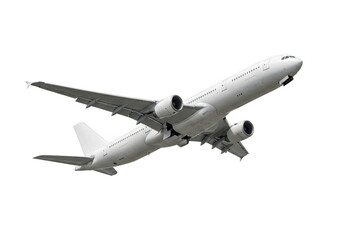 A modern white passenger airplane in flight, isolated on transparent background