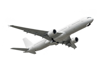 A modern white passenger airplane in flight, isolated on transparent background