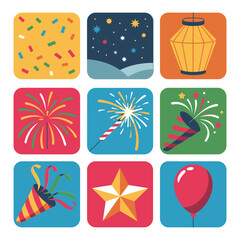 Celebration fireworks and party icon set with lantern confetti star balloon holiday event flat vector illustration collection