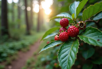 Forest in the background,free space for text on the side, berry in close-up