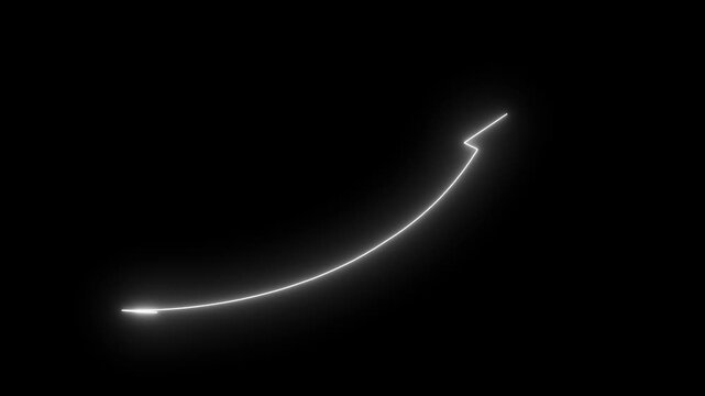 Abstract glowing neon swipe arrow. 4k animation. Down to up neon line arrow direction animation. Neon line raising business arrow on black background highlighting growth momentum