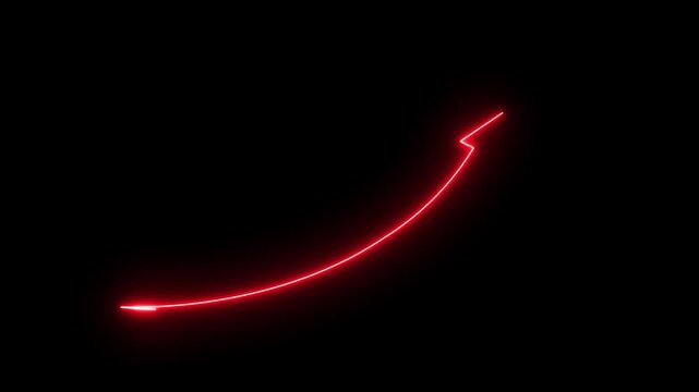 Abstract glowing neon swipe arrow. 4k animation. Down to up neon line arrow direction animation. Neon line raising business arrow on black background highlighting growth momentum