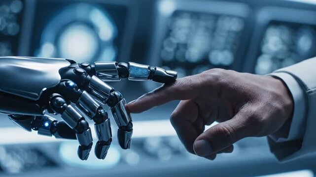 A human hand touching a humanoid robot hand, future technology concept,
