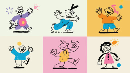 Naklejka premium Six whimsical stick style cartoon people dancing and waving on colorful backgrounds