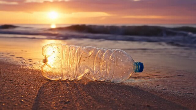 Plastic bottle washed into ocean waves at sunset. Ground level view of beach litter drifting seaward. Environmental pollution and marine conservation awareness illustration