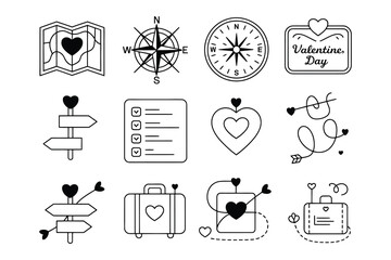 Set of 12 valentines day and travel themed line icons map, compass, signpost, checklist, heart, arrow, suitcase © Sowrav