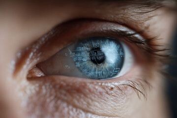 A detailed close-up of a human eye reflecting digital data, symbolizing the intersection of technology and vision, emphasizing the role of data in modern perception.