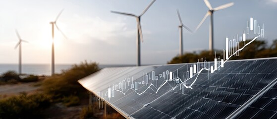 Solar panels and wind turbines under a sunset sky with a rising stock chart showing growth in green energy investment