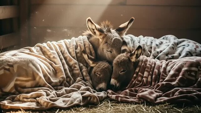 Two Adorable Donkey Foals Snuggled Together Under Blankets in Barn.