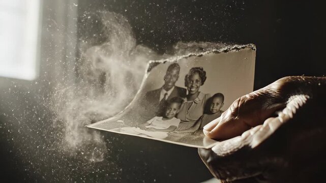 Hand holding vintage family photograph in soft sunlight as it begins to tear and scatter into airborne dust particles. Poignant close-up sequence capturing the emotional disintegration of cherished