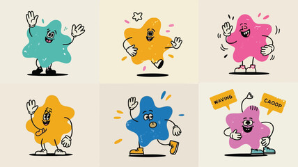 Obraz premium Six playful cartoon blobs with tiny faces wave and run with colorful background