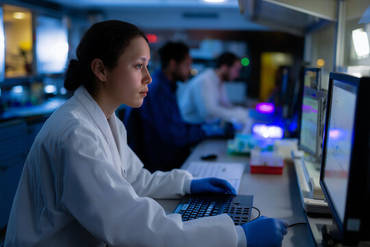 A dedicated female scientist in a lab coat analyzes data on a computer screen, showcasing the importance of research and technology in scientific discovery and innovation. - Powered by Adobe