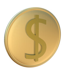 Shiny gold coin with dollar sign symbol isolated on transparent background