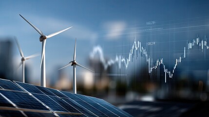 Innovative energy management combines solar panels and wind turbines with stock market trends against a beautiful sunset backdrop