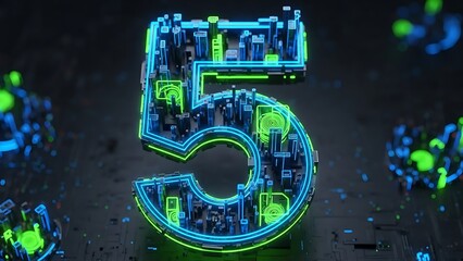 High-Tech 3D Number 5: Neon Blueprint Architecture in Cyberpunk Style, Featuring Electric Green and Blue Glowing Circuitry and Futuristic Digital Infrastructure Design