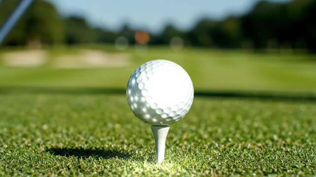 Extreme close-up macro of golfer teeing up white ball. Gloved hand positions golf ball on tee then club readies for drive. Outdoor golf course sports sequence for leisure play.