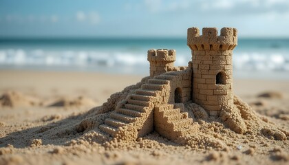 Side-angle macro shot of carved sand steps on a miniature castle, soft ocean blur in the background.