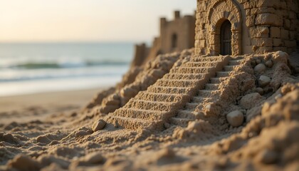 Side-angle macro shot of carved sand steps on a miniature castle, soft ocean blur in the background.