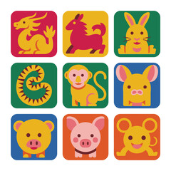 Fototapeta premium Zodiac animal square icon illustration set featuring dragon rabbit monkey pig ox tiger rat snake playful flat vector design