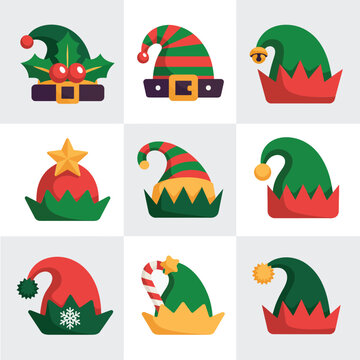 Christmas elf hat illustration set with curled tips pom pom buckle details fantasy winter holiday flat vector design