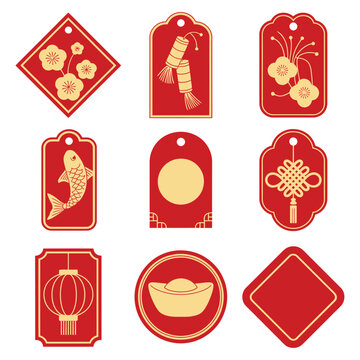 Oriental festival red gift tag illustration set with lantern fish bowl knot floral symbols decorative flat vector design