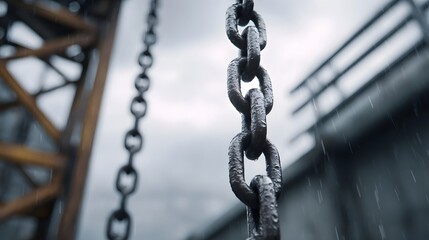 Close up of heavy wet industrial chains hanging outdoors on a rainy day