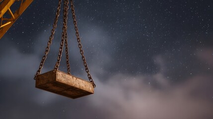 A rusty metal cage suspended by chains from a crane against a starry night sky with clouds