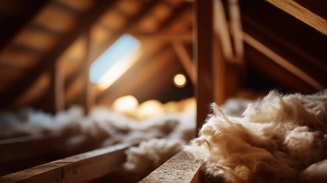 Attic insulation installation for home energy efficiency heavily defocused roof background preventing heat loss through structure thermal resistance improvement saving on