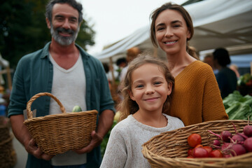 This heartwarming image captures a smiling family at a farmer's market, proudly holding their freshly harvested produce, portraying joy in community and healthy living.