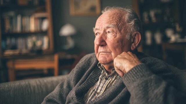 Elderly man resting chin on hand in living room with reflective mood