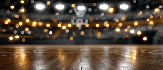 Blurred basketball stadium with wooden floor and out-of-focus lights designed for backgrounds, banners, and cinematic projects
