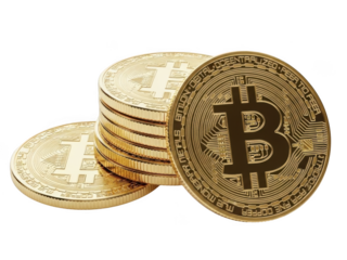 Gold bitcoin coins stacked isolated on transparent background